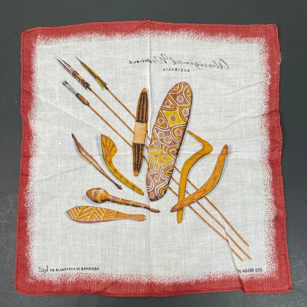 Vintage Aboriginal Weapons Linen Handkerchief Australia By Heil Souvenir 60s 70s